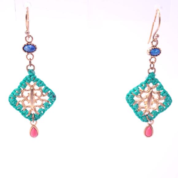 Neiman Marcus Majestic Cabochon Turq RED Green Woven Cabochon Earrings NWT 178 - Picture 1 of 6